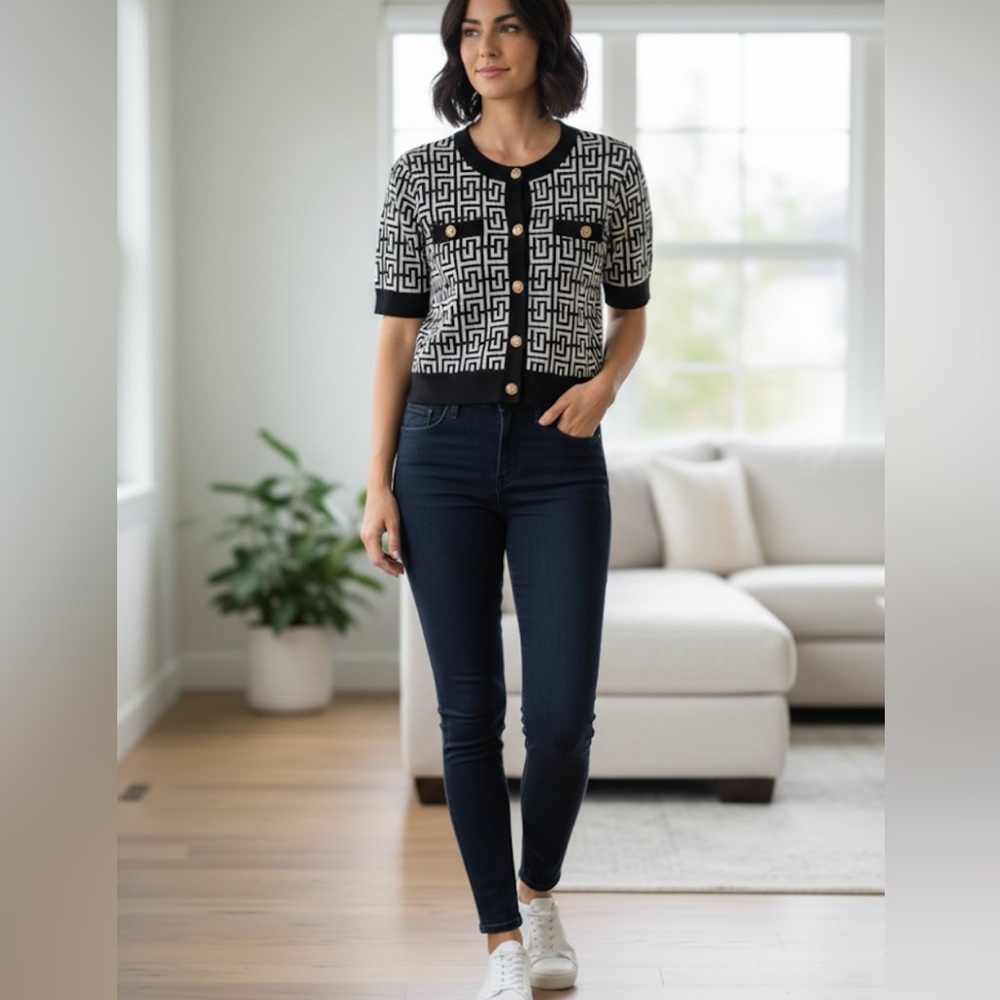 SIONI Geometric Knit Short Sleeve Cardigan - Size M